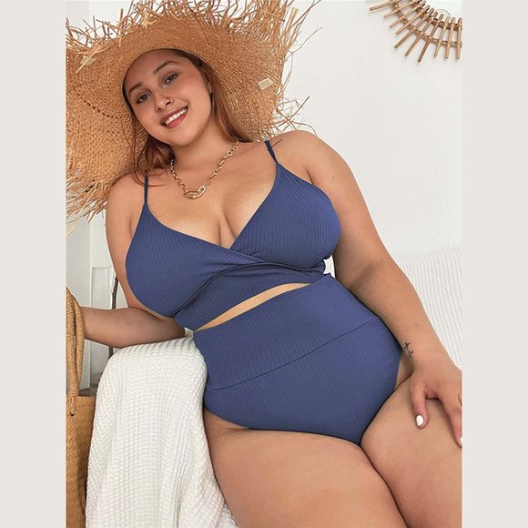 Plus Bikini Set Womens Size 16, 18, 20, 22 Blue Tie Back High Leg Swimsuits - Picture 3 of 8